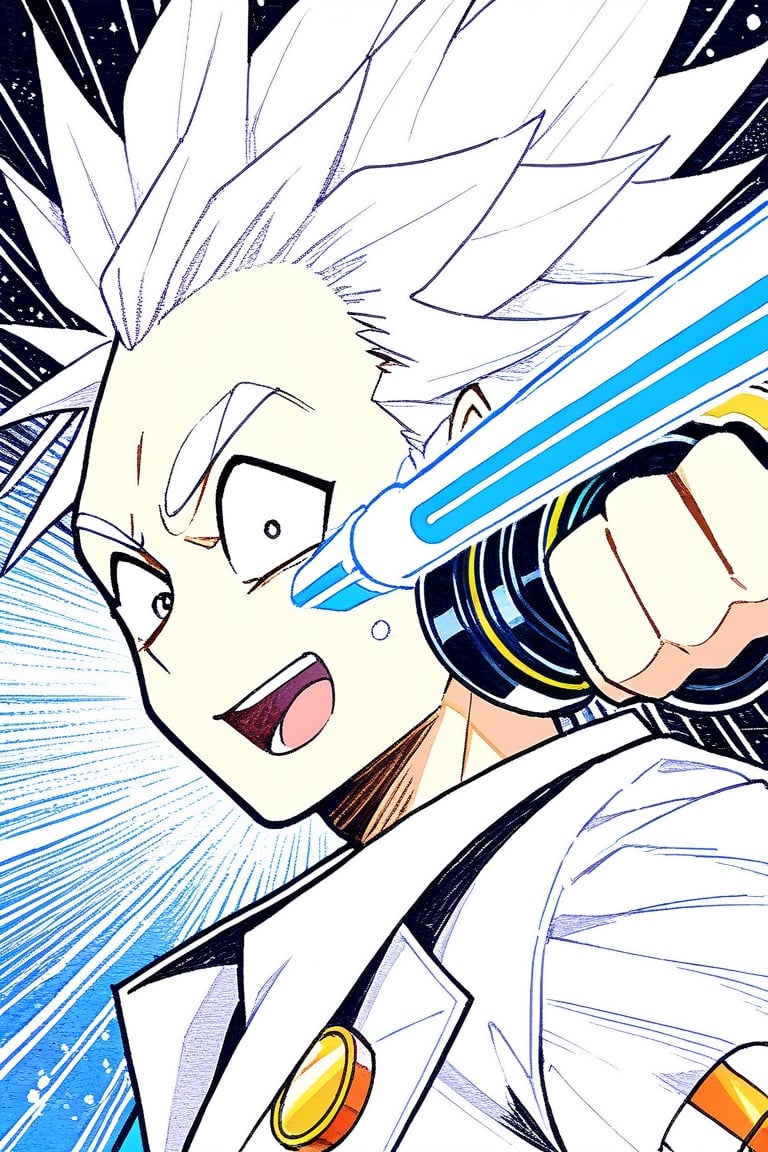 8k, highres, illustration, colorful, (((Rick Sanchez face) with vegeta hair)), (white lab coat), (expressive face), ((holding a ray gun)), ((vivid)), Akira Toriyama art, sci fi art, cosmic, splash art, flat linework, poster colors, well drawn face, well drawn hands, action pose, cell shaded, high contrast, dramatic, amazing artwork, sharp focus, intricate details, highly detailed, masterpiece, best quality, lineart,Flat vector art