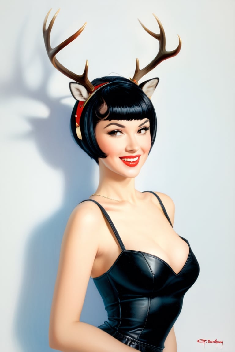 (masterpiece, best quality, high resolution:0.8), (pinup art style:1.5), upper body portrait of fantasy (young woman:1.1) in (pinup pose:1.1), black hair, (pixie haircut:1.5), long (elven ears:1.1), (red glowing eyes:1.1), smile, eye smile, pale skin, (small deer antlers:1.5), flirty, alluring, black choker, minimalistic white casual see-through dress, bedroom background, back_view, round ass, (from below: 1.2), Gil Elvgren, Royo, nsfw, head to thigh shot, (((dutch_angle)))