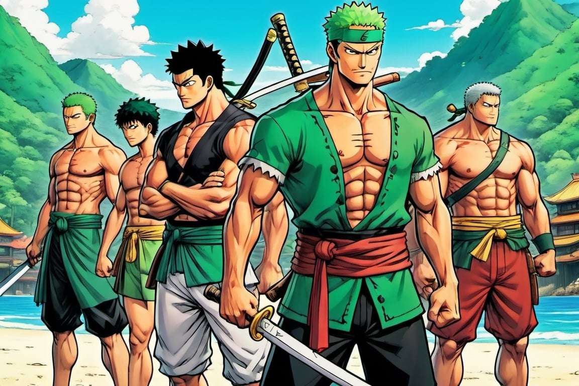 (Zoro), (Goofy), (Leonardo), (shonen), (Berserk), (Spongebob), ((Berserk art style)), 8k, illustration, group shot, group pic, flat linework, poster colors, (shonen manga:1.3), hero pose, Japanese landscape, ink, style, lineart, LineAniAF, real_booster, comic book