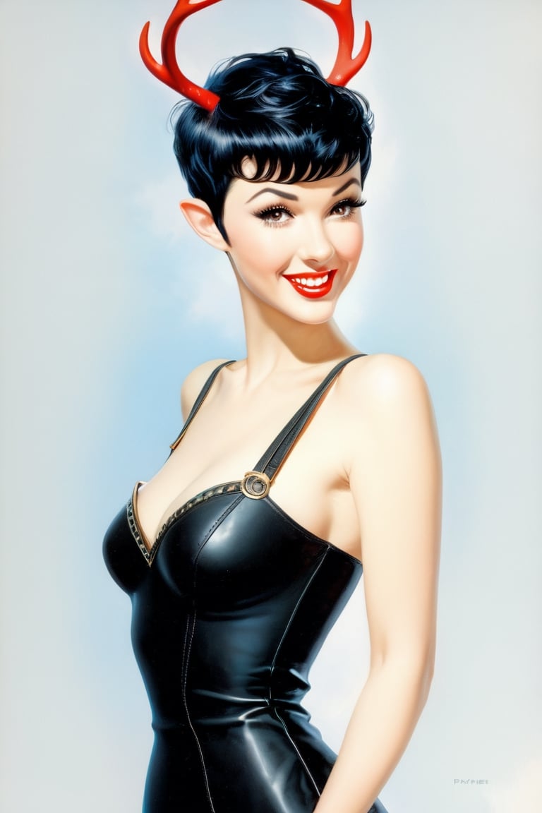 (masterpiece, best quality, high resolution:0.8), (pinup art style:1.5), upper body portrait of fantasy (young woman:1.1) in (pinup pose:1.1), black hair, (pixie haircut:1.5), long (elven ears:1.1), (red glowing eyes:1.1), smile, eye smile, pale skin, (small antlers:1.1), flirty, alluring, black choker, minimalistic white casual see-through dress, back_view, round ass, (from below: 1.2), Gil Elvgren, Royo, nsfw, head to thigh shot, (((dutch_angle))), minimalist background, painted background