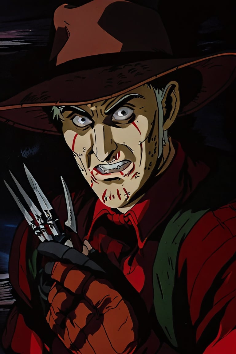 8k, anime illustration, (freddy krueger:1.5), (A Nightmare on Elm Street), (bladed glove), evil grin, teeth, waist up, horror, dark, mysterious glow, sinister, horror movie, dramatic lighting, cinematic, rim lighting, dynamic lighting