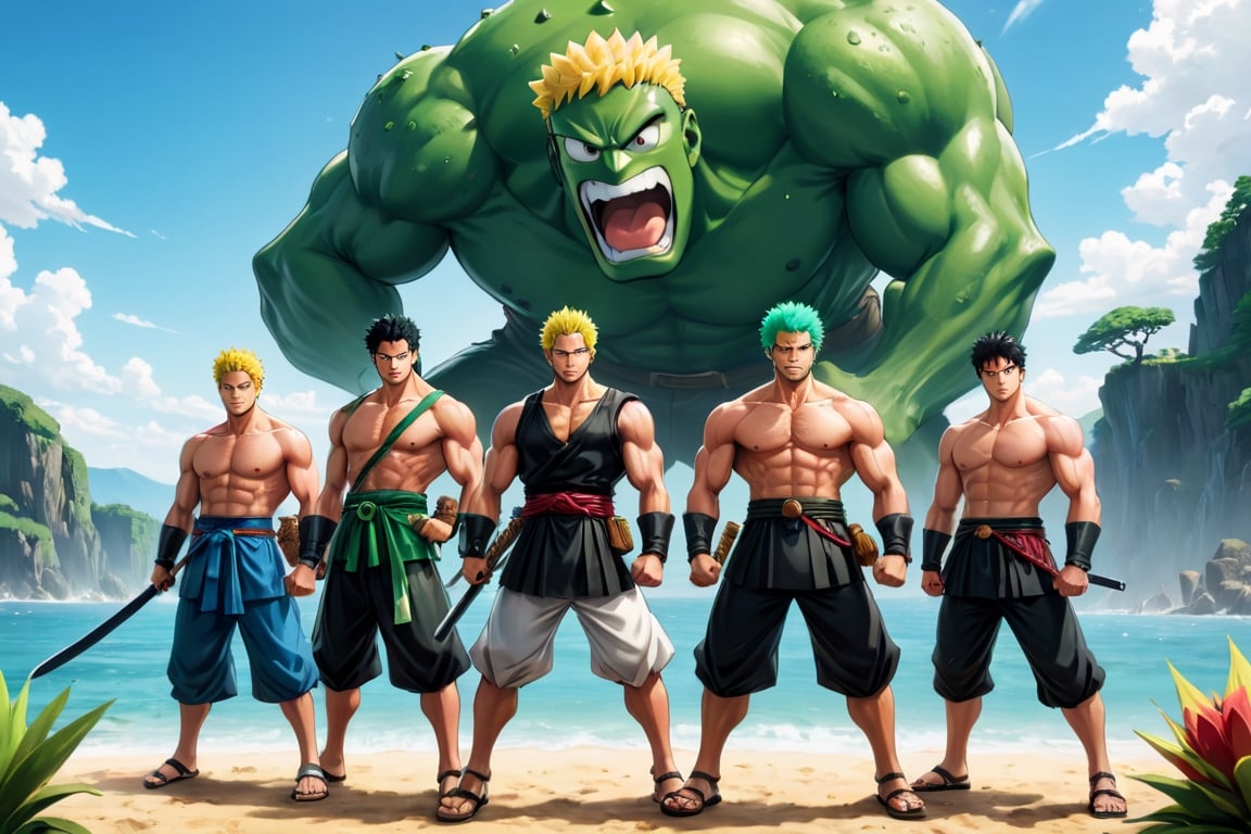 (Zoro), (Goofy), (Leonardo), (shonen), (Berserk), (Spongebob), ((Berserk art style)), 8k, illustration, group shot, group pic,  (shonen manga:1.3), hero pose, Japanese landscape, lineart, LineAniAF