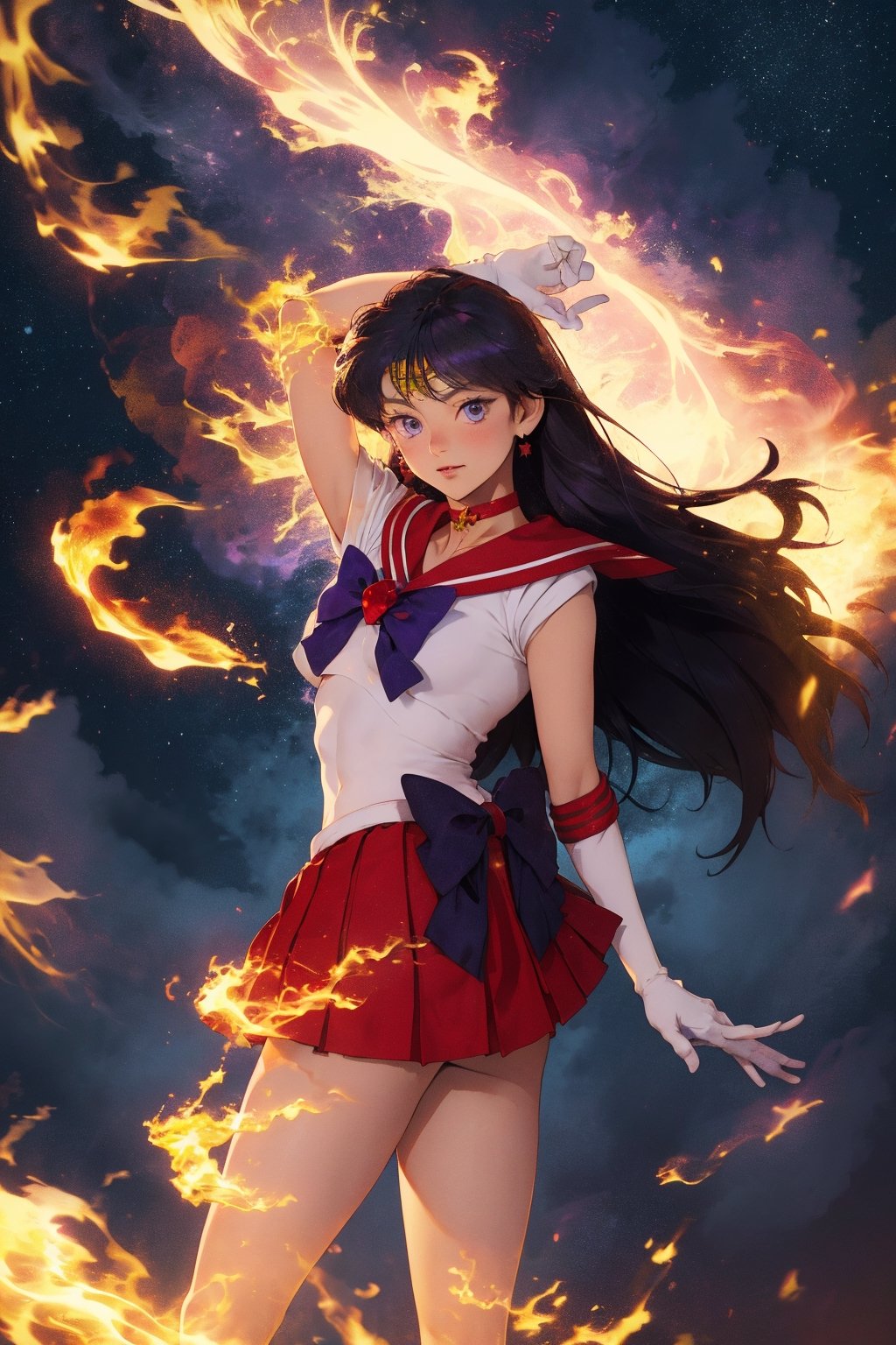 masterpiece, best quality, highres, sama1, tiara, sailor senshi uniform, white gloves, red sailor collar, red skirt, star choker, elbow gloves, pleated skirt, bare legs, purple bow, , magic, fire, moon, city standing, cowboy shot, fire_particles,sailor mars