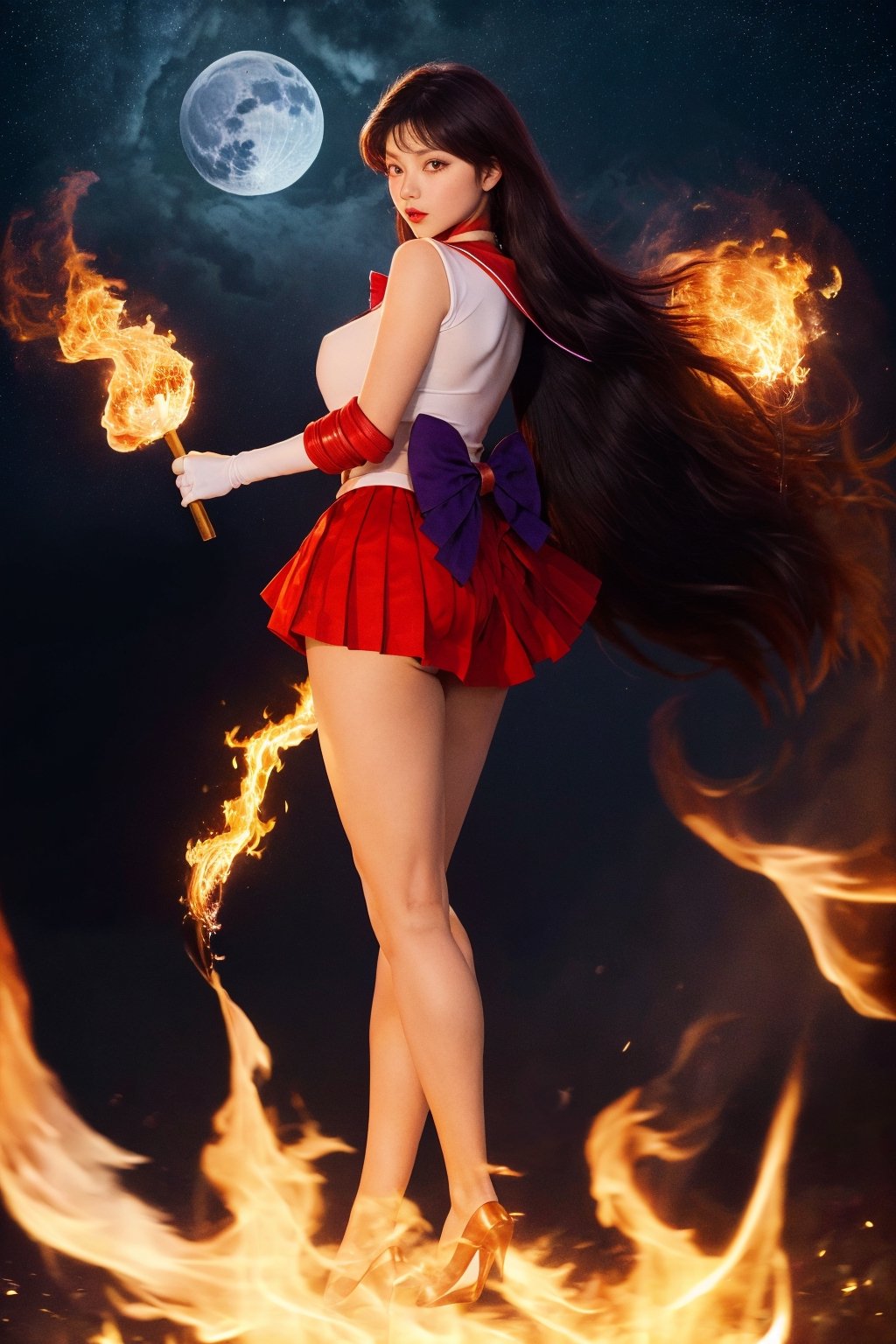 masterpiece, best quality, highres, sama1, tiara, sailor senshi uniform, white gloves, red sailor collar, red skirt, star choker, elbow gloves, pleated skirt, bare legs, purple bow, , magic, fire, moon, city standing, cowboy shot, fire_particles,sailor mars