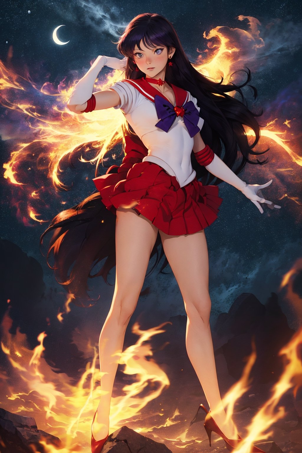 masterpiece, best quality, highres, sama1, tiara, sailor senshi uniform, white gloves, red sailor collar, red skirt, star choker, elbow gloves, pleated skirt, bare legs, purple bow, , magic, fire, moon, city standing, cowboy shot, fire_particles,sailor mars