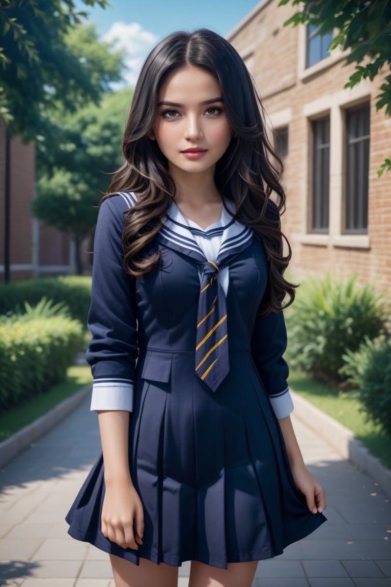 (1girl:1.2), cute, extreme detailed,(black_hair:1.1), colorful,highest detailed, facing_viewer, lightning, ewelry:1.4, school uniform, long curly wave hair, full_body, ,summerdress, 