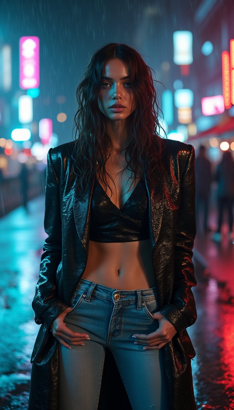 A woman stands confidently on a rain-soaked city street, her worn jeans and water-stained coat a testament to the torrential downpour. Her long hair clings to her face, dripping with water, as she gazes straight ahead, her figure accentuated by the slick pavement. The neon lights of nearby buildings cast a gaudy glow on her wet skin, while the city's soundscape provides a rhythmic accompaniment to her defiant stance.