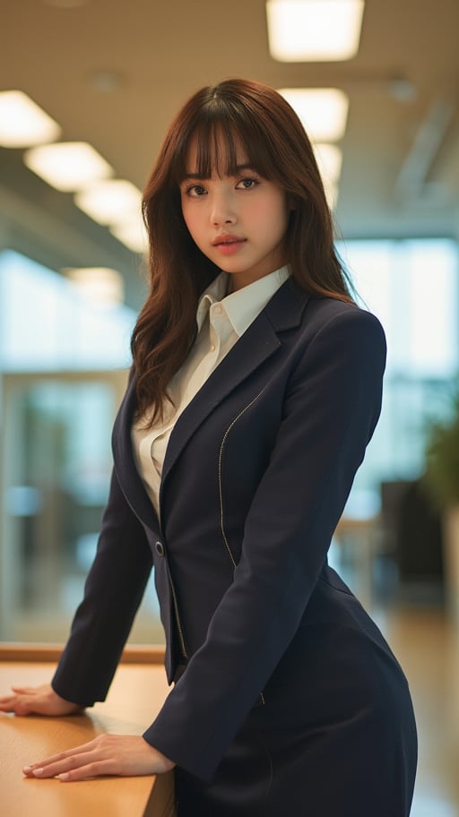 A close-up shot of a single girl long brown hair, bangs, dressed in a crisp office uniform, stands confidently in front of a sleek office bench. The bright fluorescent lighting above casts a warm glow on her professional attire, highlighting the stitching and creases. Her pose is strong and assertive, with one hand resting lightly on the edge of the bench as she looks directly at the camera.