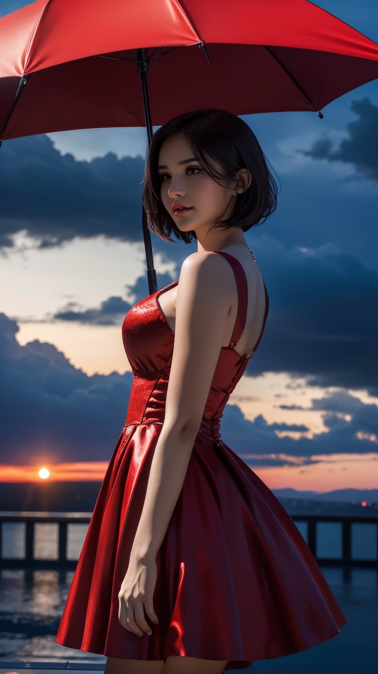 {extremely detailed, beautiful dark silhouette of a female in a red dress:see-through}, (short hair), (detailed face), dramatic sky, heavy backdrop lights, dramatic background, lots of detail, sharp focus,