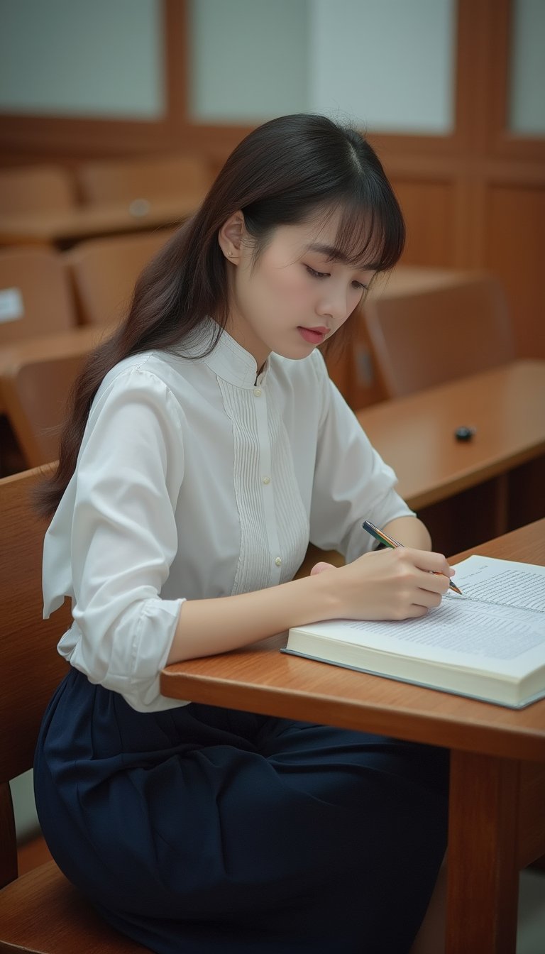 A young woman sits at a wooden desk in a traditional classroom setting, her posture neat and attentive. She wears a crisp white blouse with a high collar, paired with a navy blue pleated skirt that falls just above the knee. The room is filled with rows of identical desks, each with a chair tucked in neatly. Soft overhead lighting casts a warm glow, illuminating her focused expression as she works on a textbook or notes, her hands moving swiftly over the page.,asian girl.,asian woman