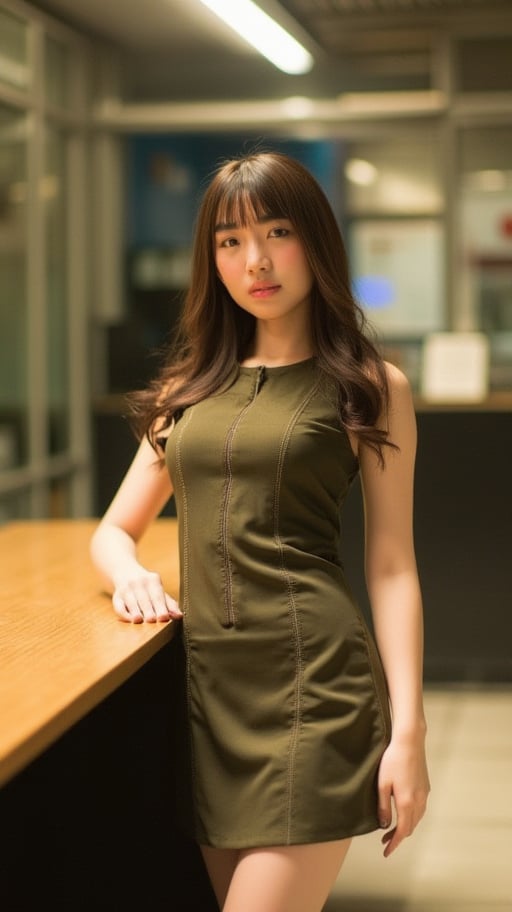 A close-up shot of a single girl long brown hair, bangs, dressed in a crisp skimpy dress, stands confidently in front of a sleek cafe bench. The bright fluorescent lighting above casts a warm glow on her professional attire, highlighting the stitching and creases. Her pose is strong and assertive, with one hand resting lightly on the edge of the bench as she looks directly at the camera.