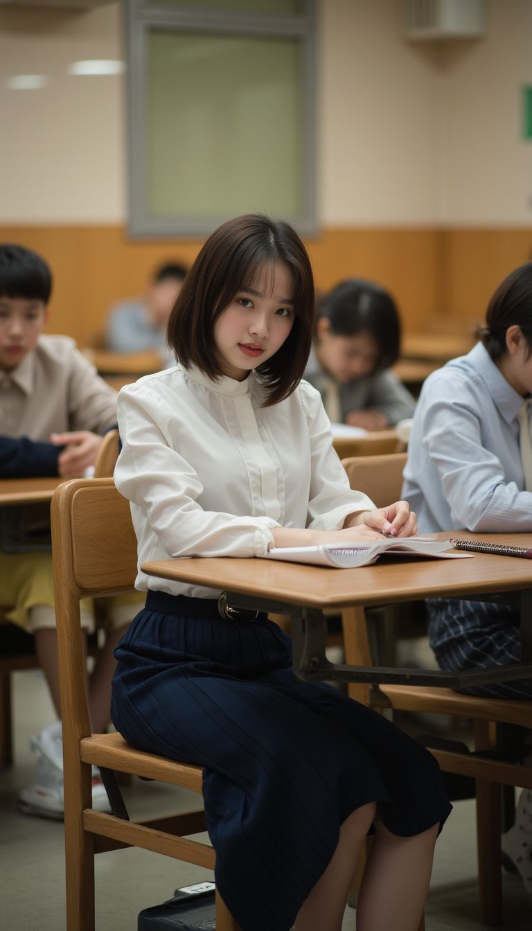 A young woman sits at a wooden desk in a traditional classroom setting, her posture neat and attentive. She wears a crisp white blouse with a high collar, paired with a navy blue pleated skirt that falls just above the knee. The room is filled with rows of identical desks, each with a chair tucked in neatly. Soft overhead lighting casts a warm glow, illuminating her focused expression as she works on a textbook or notes, her hands moving swiftly over the page.,asian girl.,asian woman