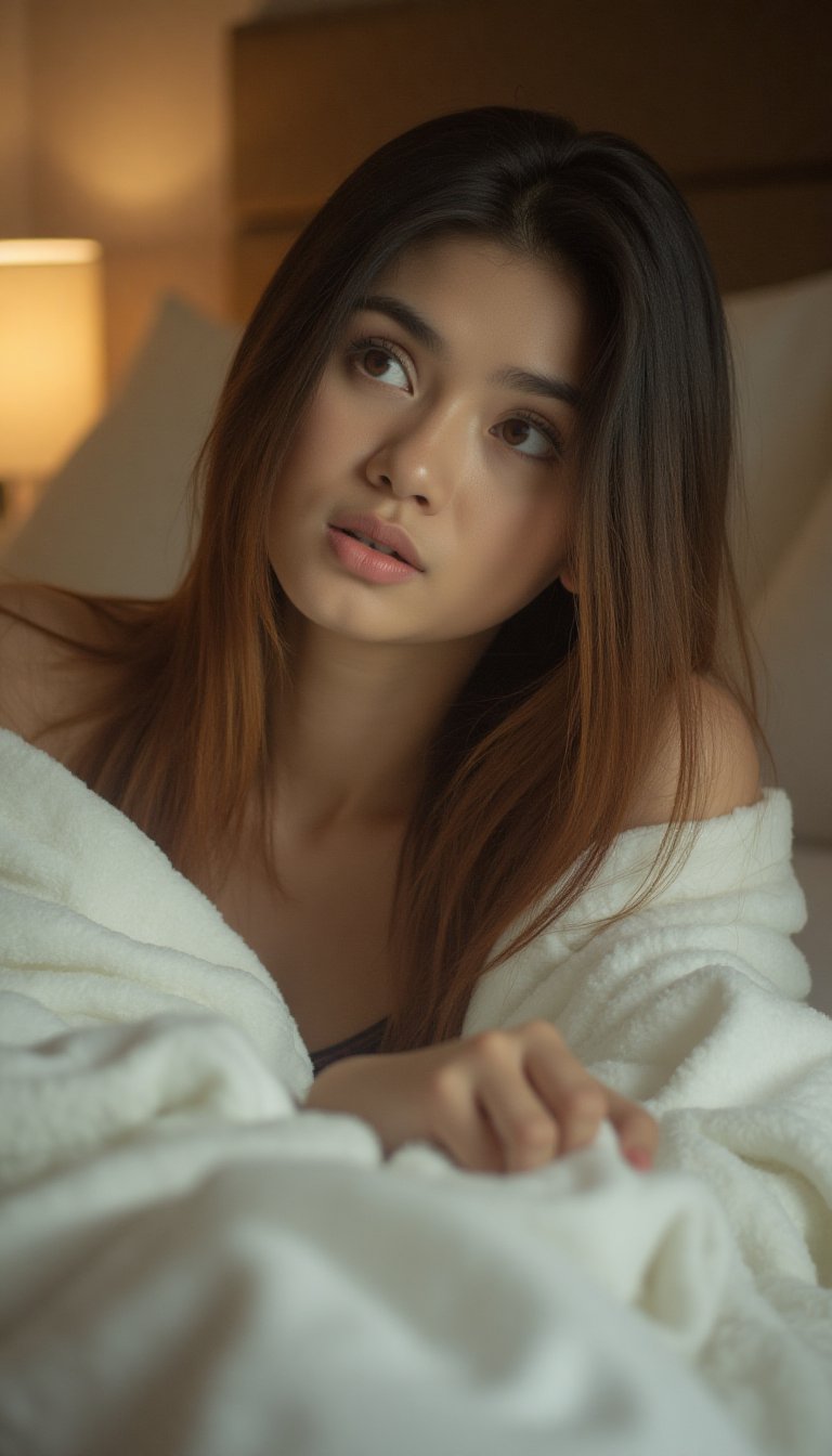 A soft-focused image of a woman lying down on a plush white bed, surrounded by a subtle golden glow from a nearby lamp. Her long hair cascades down her back, and she gazes up at the ceiling with a serene expression. The bedding is rumpled, hinting at a recent restlessness. Focus on the gentle curves of her face and the soft folds of the fabric.