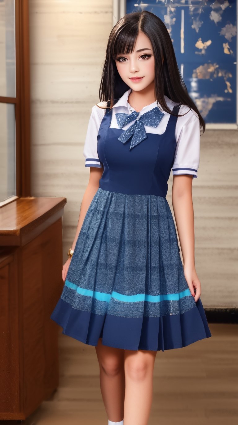 (1girl:1.2), cute, extreme detailed,(black_hair:1.1), colorful,highest detailed, facing_viewer, lightning, ewelry:1.4, school uniform, long curly wave hair, full_body, ,summerdress, ,t4ni4