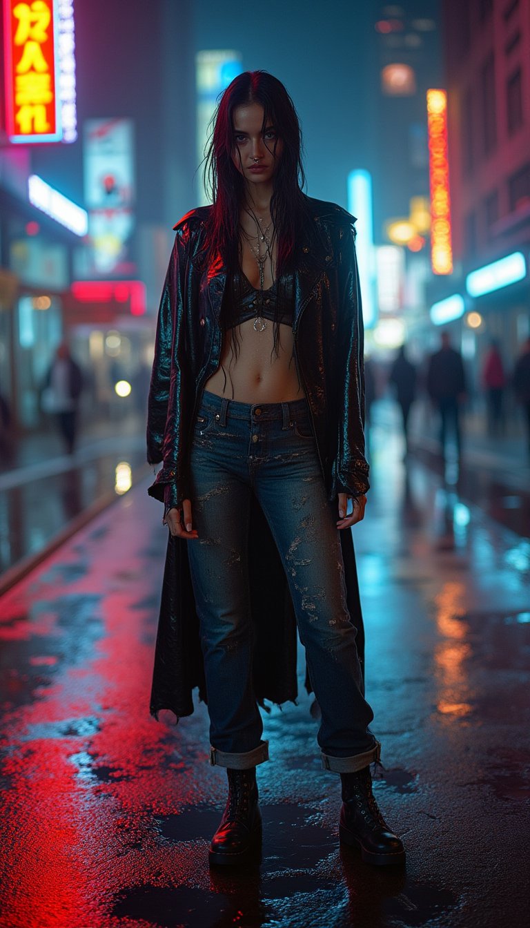 A woman stands confidently on a rain-soaked city street, her worn jeans and water-stained coat a testament to the torrential downpour. Her long hair clings to her face, dripping with water, as she gazes straight ahead, her figure accentuated by the slick pavement. The neon lights of nearby buildings cast a gaudy glow on her wet skin, while the city's soundscape provides a rhythmic accompaniment to her defiant stance.