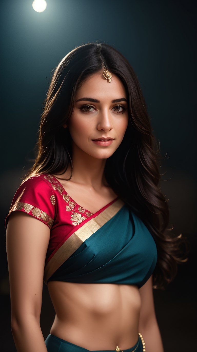 realistic, standing, A pretty woman,, saree, small breast, hairpin, exducing-sfabric, Long hair, Low key lighting, high contrast,detailed, in A foggy ethereal night time background, Cinema,INDIAN 