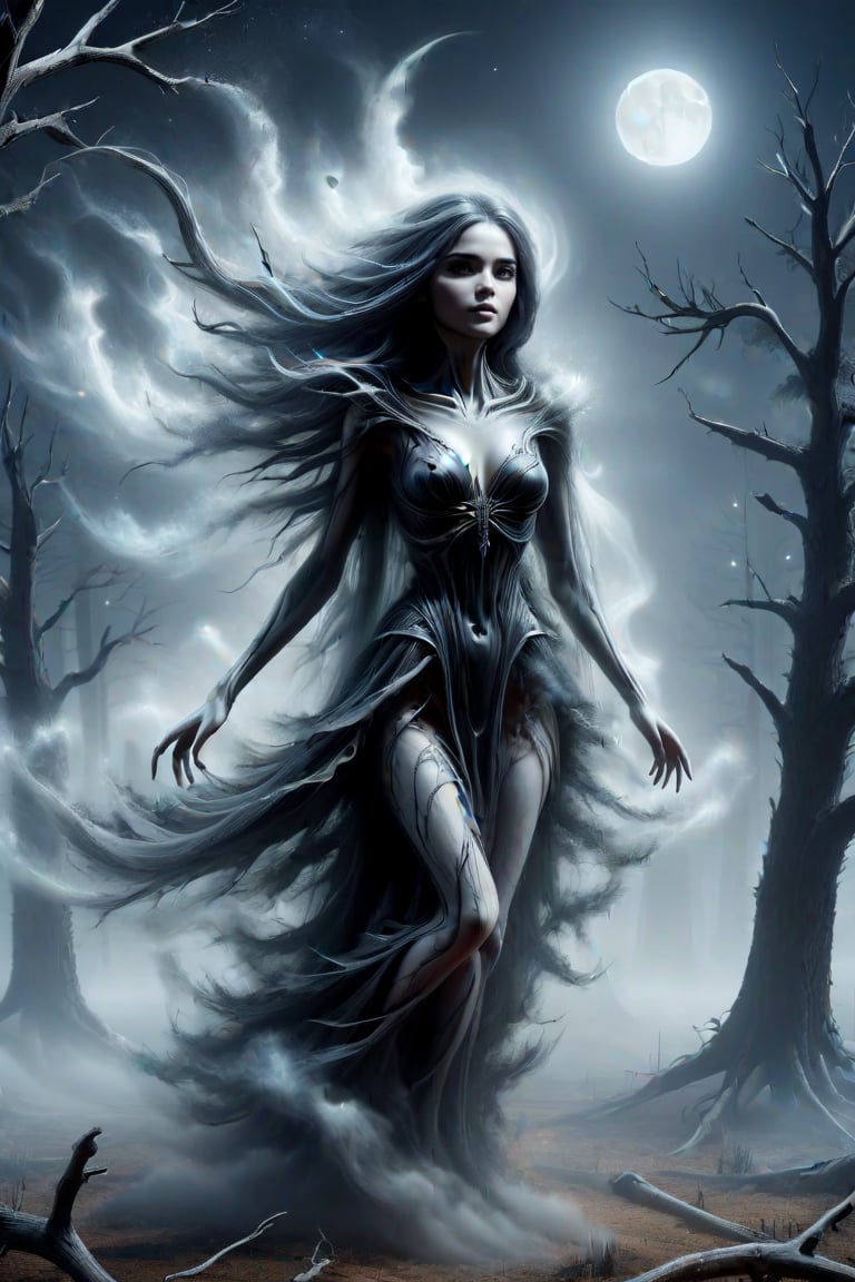 A 3d image of a sexy female grim reaper, floating above the ground in a dark moon lit dead forest surrounded by dead trees, create a mist that is rising from the ground.