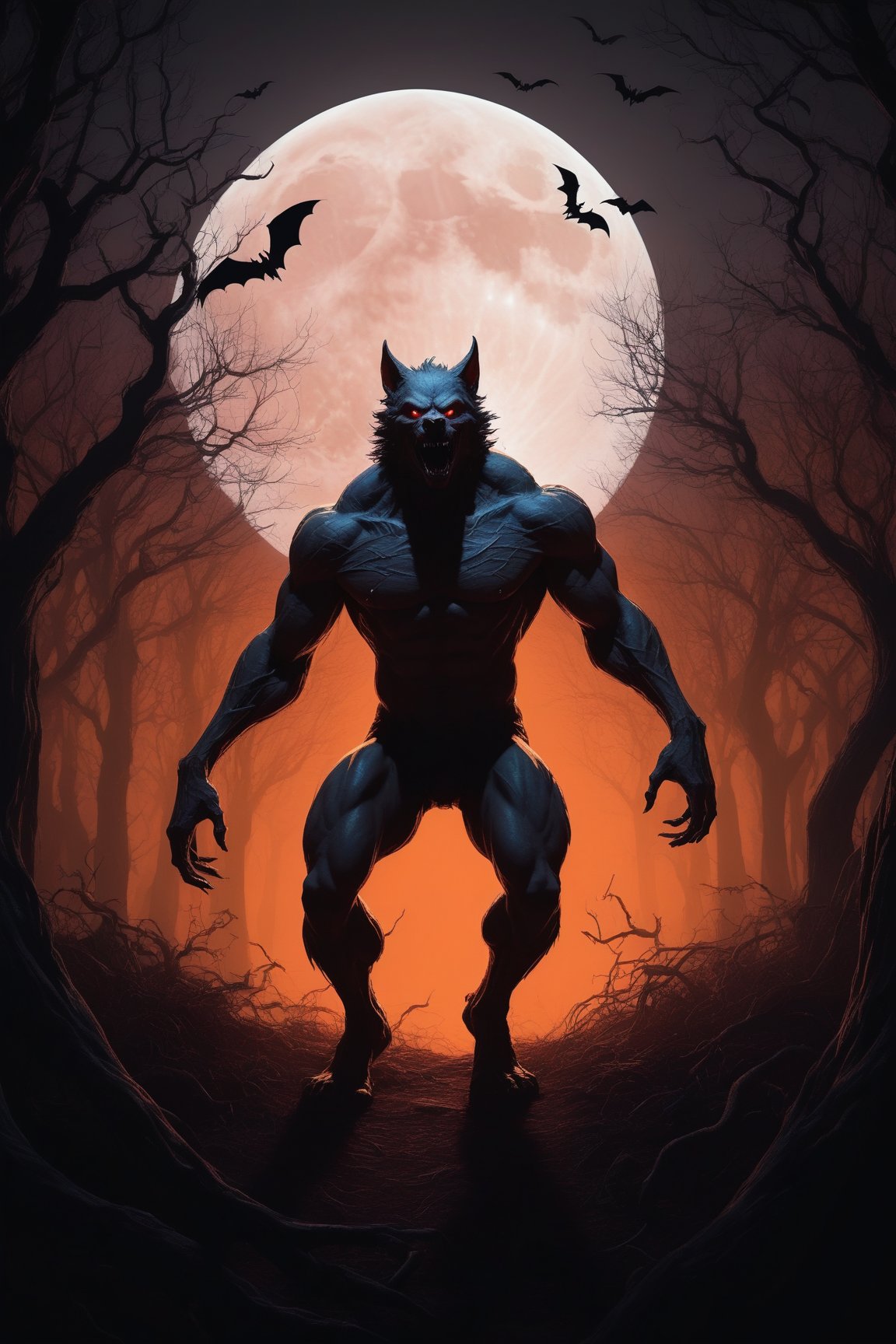 A haunting transformation unfolds beneath the crimson glow of the full moon, as a man's body contorts into that of a snarling werewolf. Amidst the dark forest's twisted trees, the lunar light casts an eerie radiance, illuminating the scene with an otherworldly ambiance. A nearby patch of jack-o-lanterns adds a pop of vibrant orange, while bats flit above, their leathery wings beating in unison as they dance amidst the moonlit canopy.