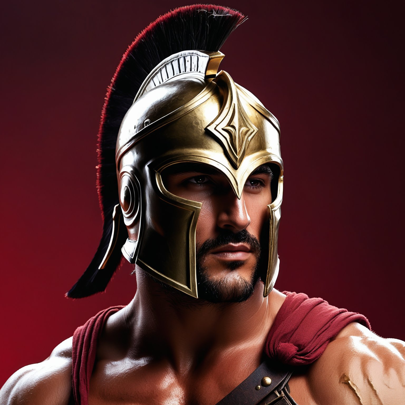 A worn Spartan helmet clad in gold sits atop a chiseled male model's head, his torso bare except for a few strategic bandages. Harsh lighting from the right casts dramatic shadows on his rugged features, highlighting piercing eyes that seem to hold the weight of battle. His skin is a canvas of muscles and scars, telling the story of countless skirmishes. The dark Crimson red background amplifies the sense of intensity, as if he's emerged victorious from the fray. High Contrast, High Detail.