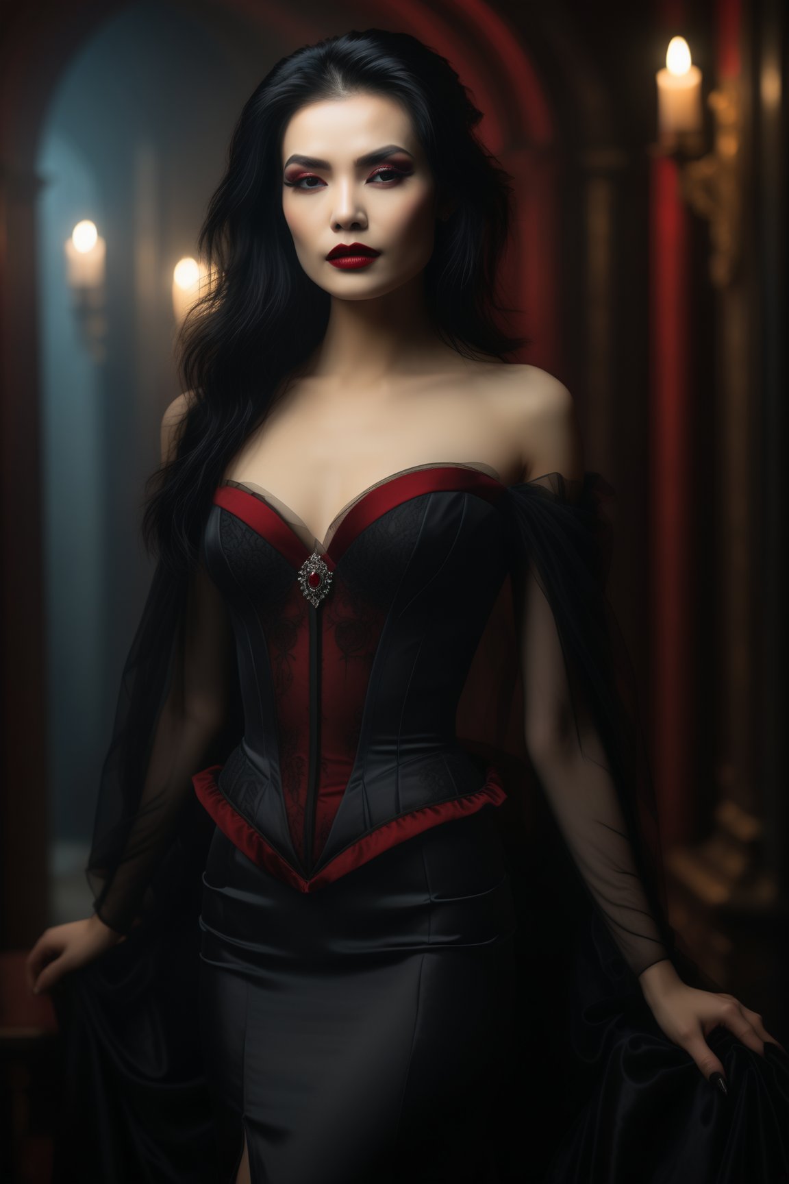 In a dimly lit, smoke-filled chamber, a ravishing vampress poses, her porcelain-like complexion illuminated only by the faint glow of candles and the crimson trim on her black silk gown. Her raven locks feature a striking white streak, framing her heart-shaped face. As she stands confidently, her sharp fangs part her lips, showcasing her pearly whites. A ornate coffin stands in the nearby corner, its dark woodiness providing a striking contrast to the vampress's ethereal beauty.