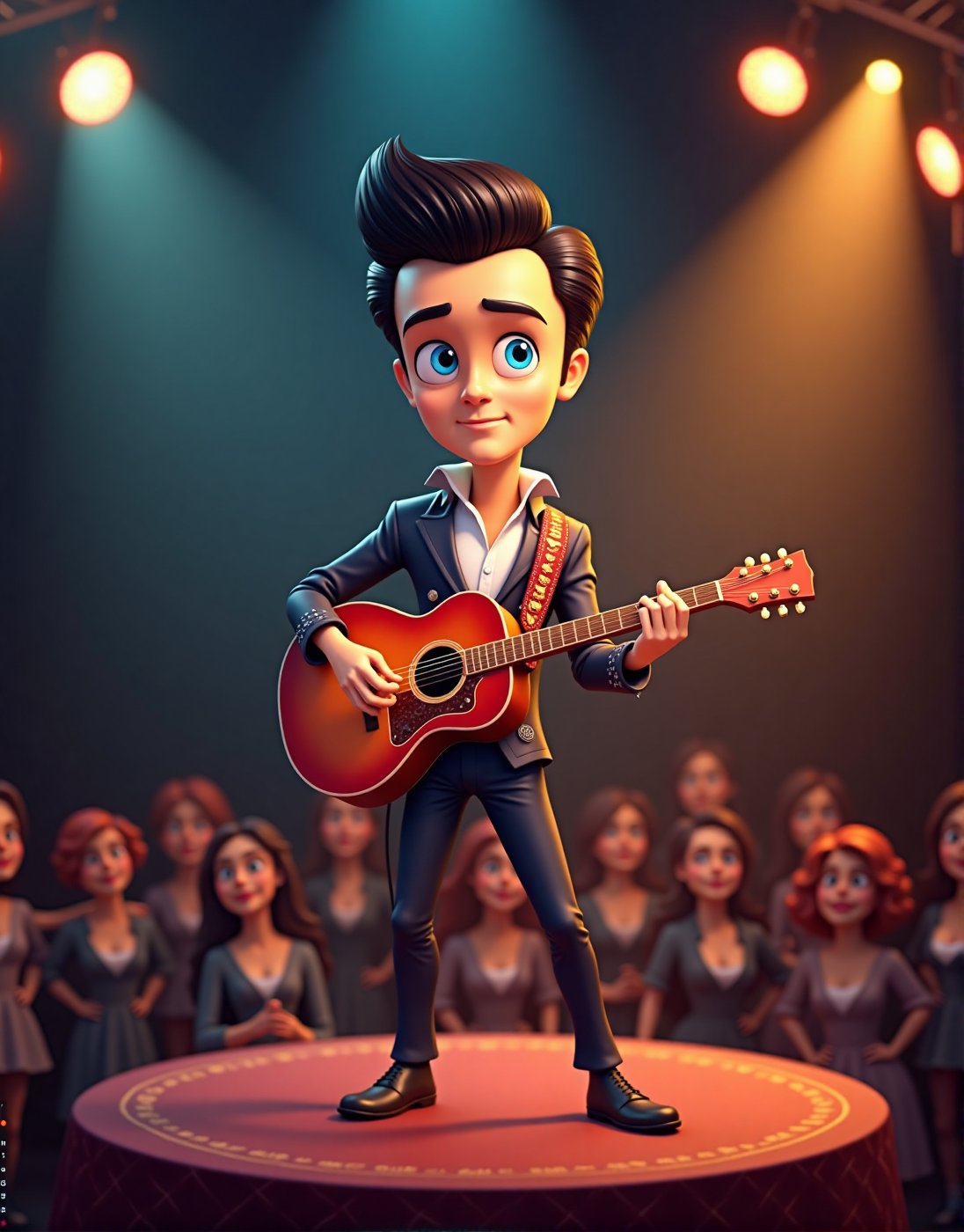 A 3d cartoon image of Elvis Presley, with blue eyes playing guitar on a round stage, with stage lightes and a crowd of women gatered



