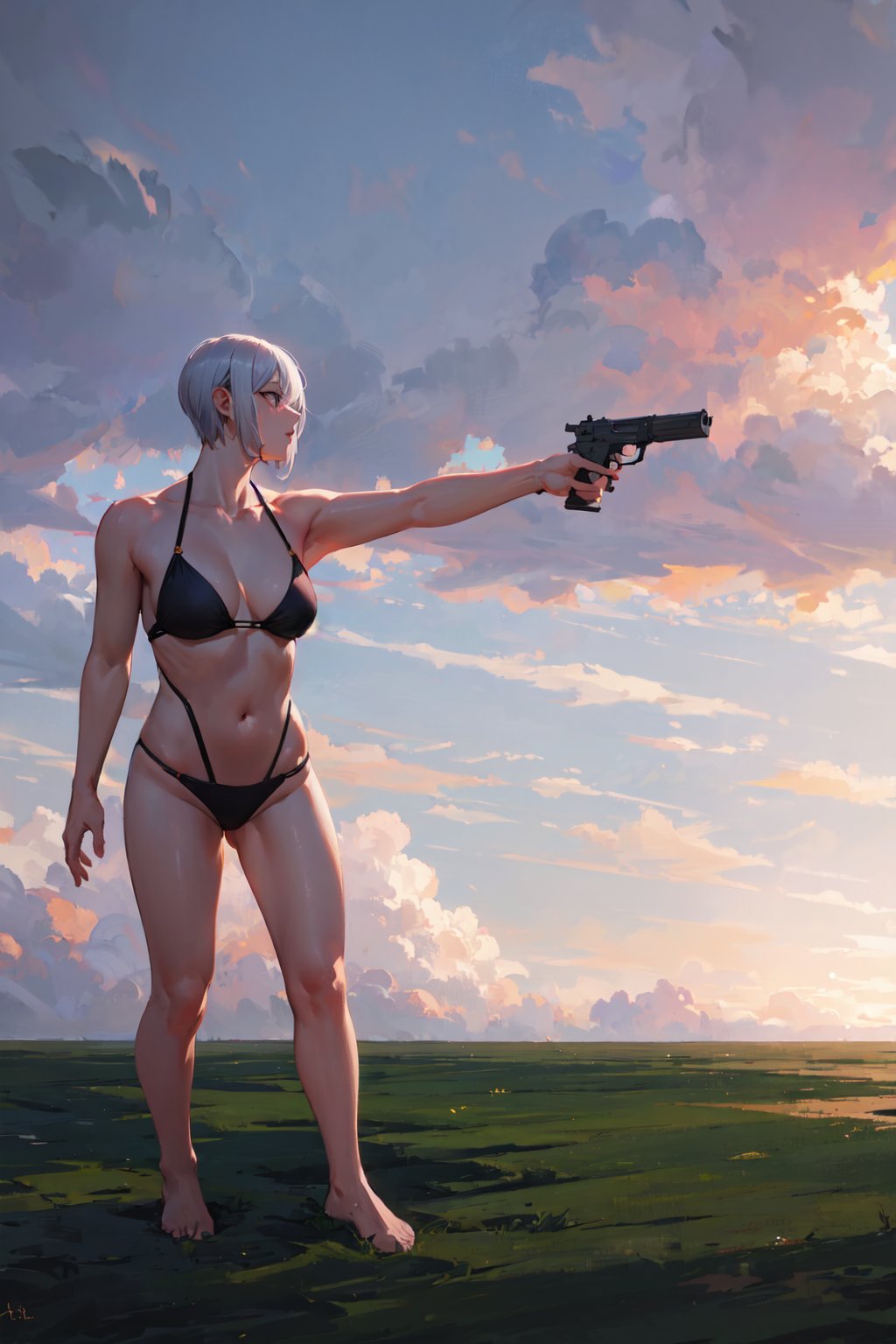 masterpiece, best quality, highly detailed, highres, 1girl, short hair, standing, gun, BREAK outdoor, grass, nature