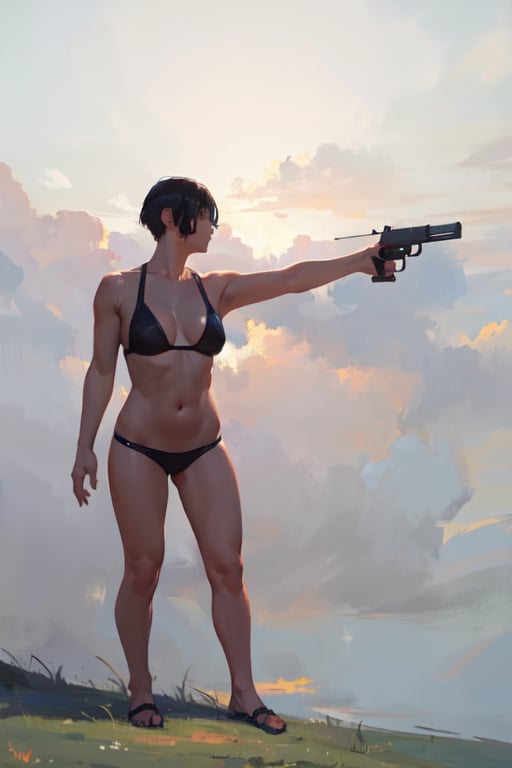 masterpiece, best quality, highly detailed, highres, 1girl, short hair, standing, gun, BREAK outdoor, grass, tress, nature