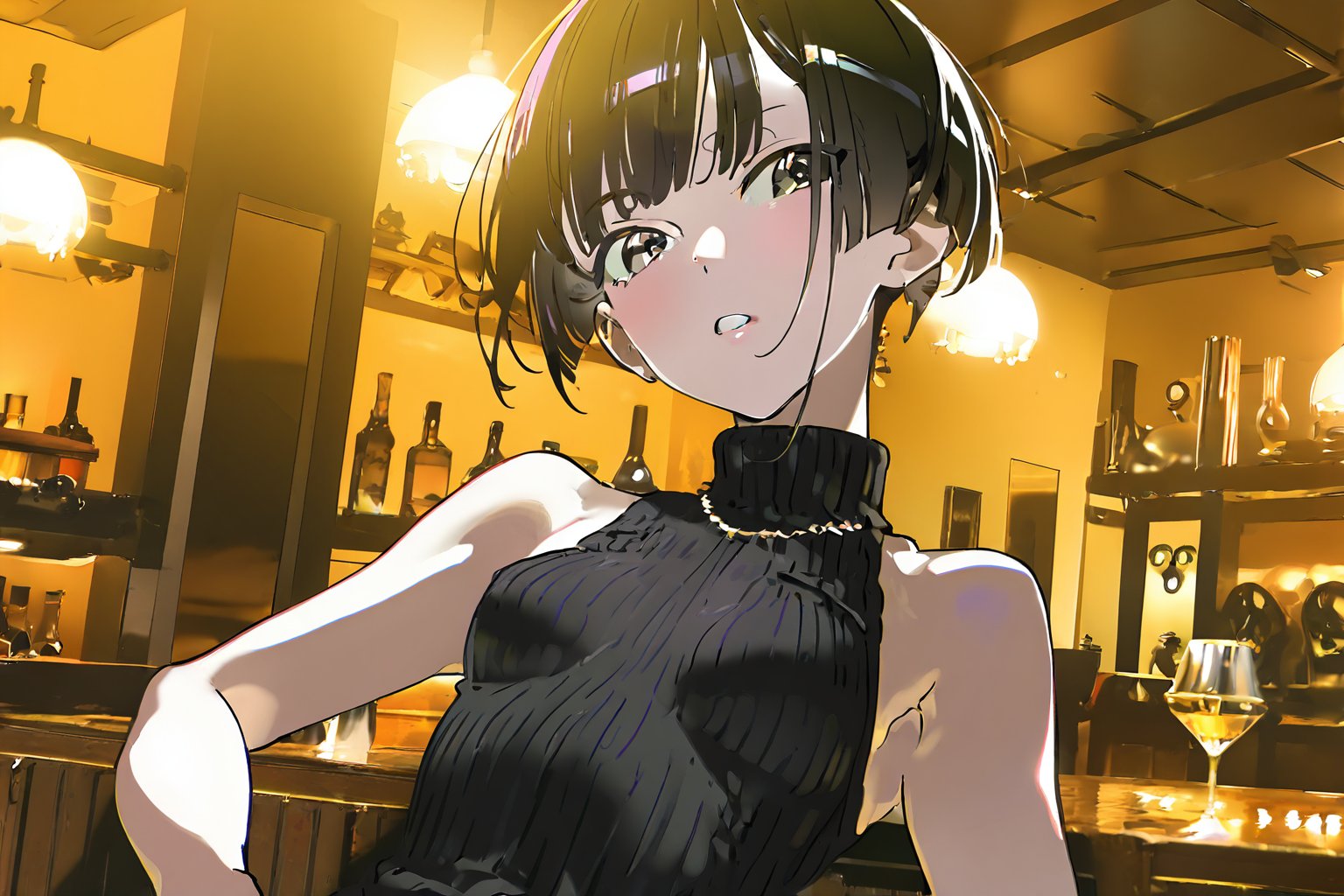 amazing quality, extremely detailed, beautiful color, aesthetic, (by yoneyama mai:0.6), high contrast, chromatic aberration, 1girl, solo, upper body, (very short:0.85) black hair, bangs, black sweater, standing, small breasts, sleeveless, pants, aesthetic, relaxing theme, luxurious and dazzling, tavern, perspective