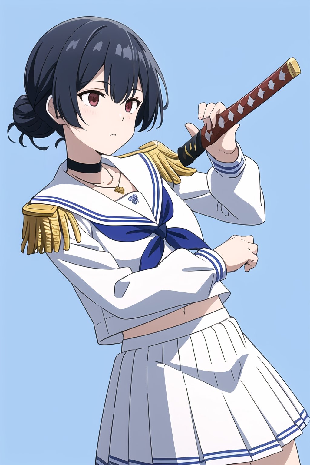 masterpiece, best quality, highres, ggrinze, short hair, single hair bun, black choker, necklace, white serafuku, white sailor collar, blue neckerchief, epaulettes, white shirt, long sleeves, pleated skirt, white skirt, holding katana, abrstact_background