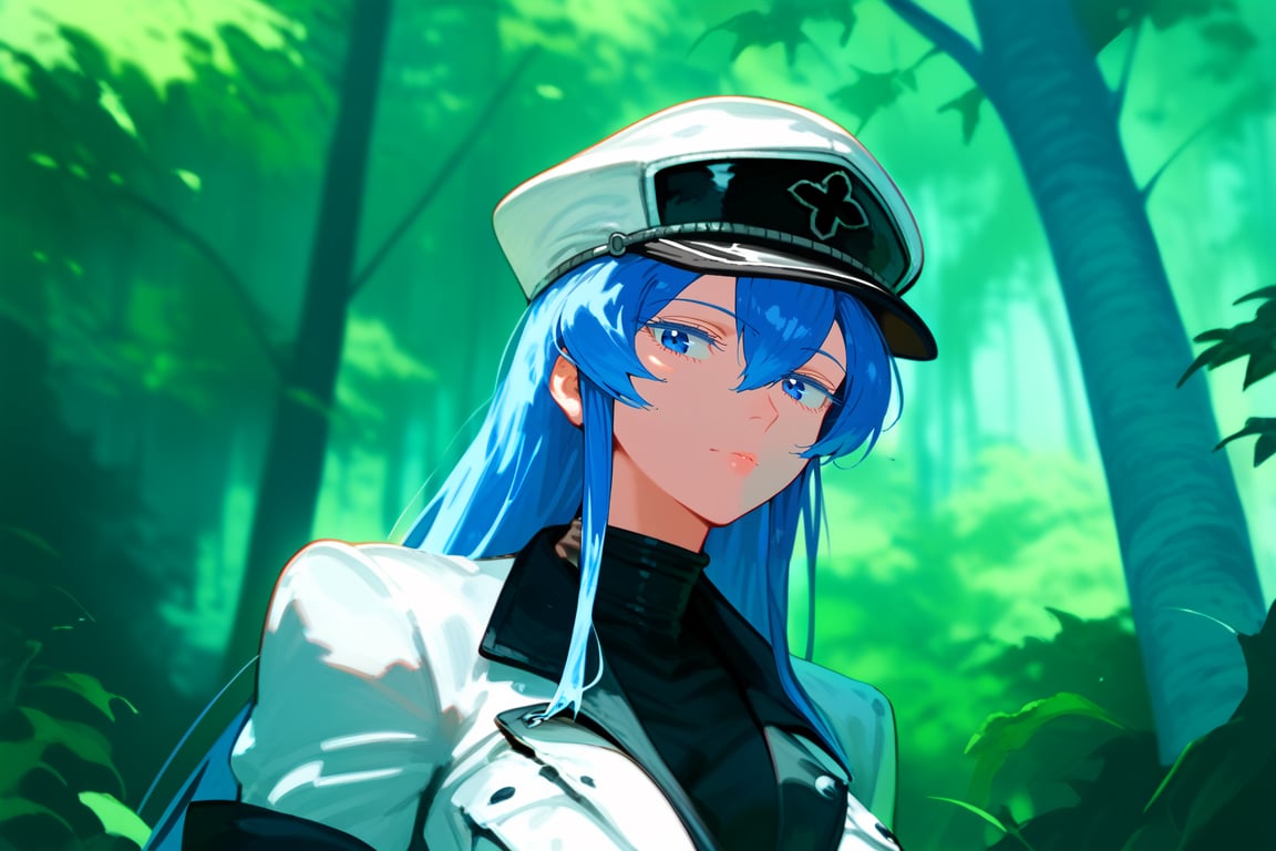 1girl, solo, Esdeath, upper body, standing, outdoors, nature, depth of field, best quality, amazing quality, very aesthetic, best details, highres, score_9, score_8, score_7