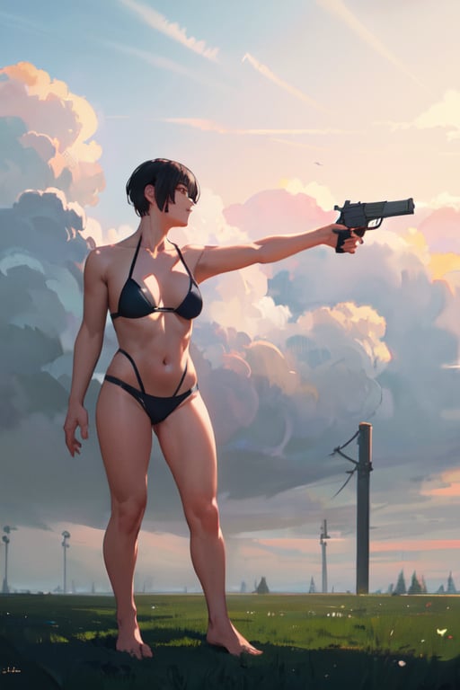 masterpiece, best quality, highly detailed, highres, 1girl, short hair, standing, gun, BREAK outdoor, grass, tress, nature