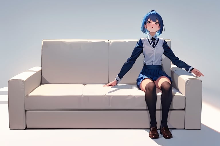 (masterpiece, best quality), highly detailed, highres, 1girl, blue hair, school uniform, sitting, couch, interior