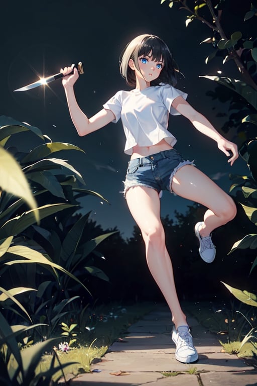 1girl, slim, black hair, bob cut, bangs, blue eyes, white shirt, short sleeve, holding one knife, blue denim short, white shoes, standing, grassfield, dark, night sky