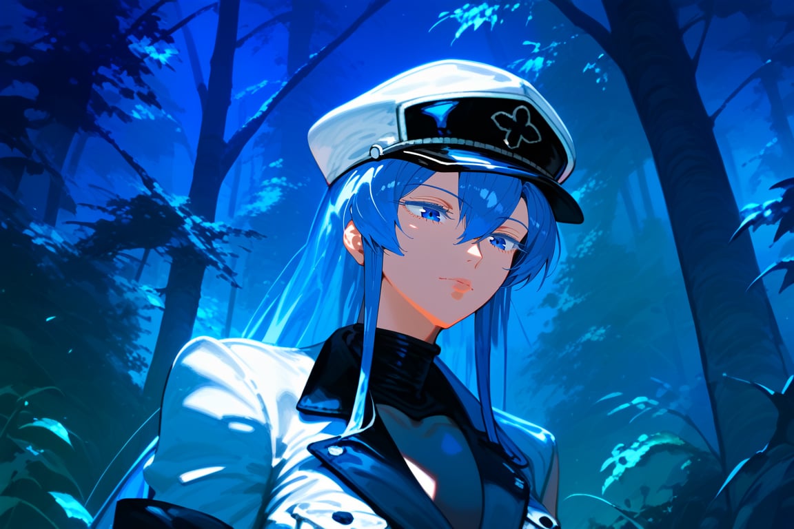 1girl, solo, Esdeath, upper body, standing, outdoors, nature, night, depth of field, best quality, amazing quality, very aesthetic, best details, highres, score_9, score_8, score_7