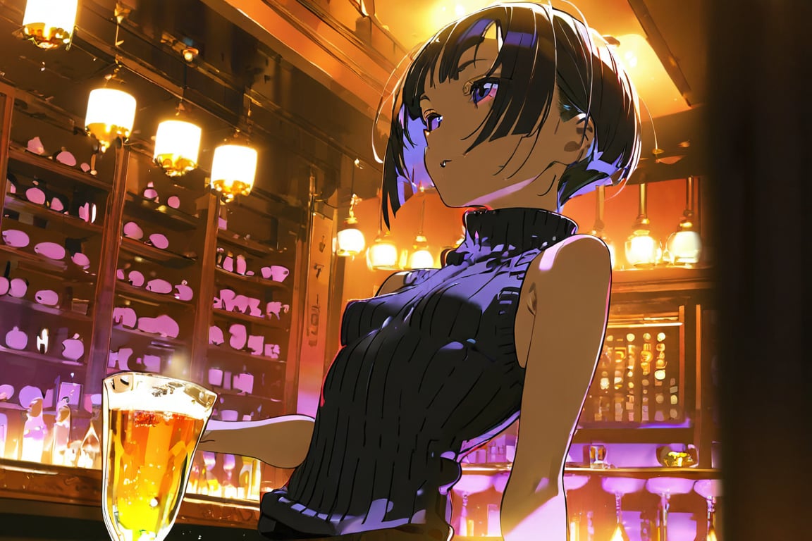 amazing quality, extremely detailed, beautiful color, aesthetic, (by yoneyama mai:0.6), high contrast, chromatic aberration, 1girl, solo, upper body, (very short:0.85) black hair, bangs, black sweater, standing, small breasts, sleeveless, pants, aesthetic, relaxing theme, luxurious and dazzling, tavern, perspective