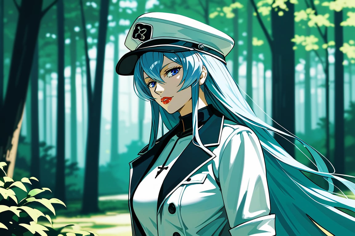 1girl, solo, mature female, aldult, Esdeath, upper body, standing, outdoors, nature, trees, depth of field, best quality, amazing quality, very aesthetic, best details, highres, score_9, score_8, score_7,oshi_no_ko_style