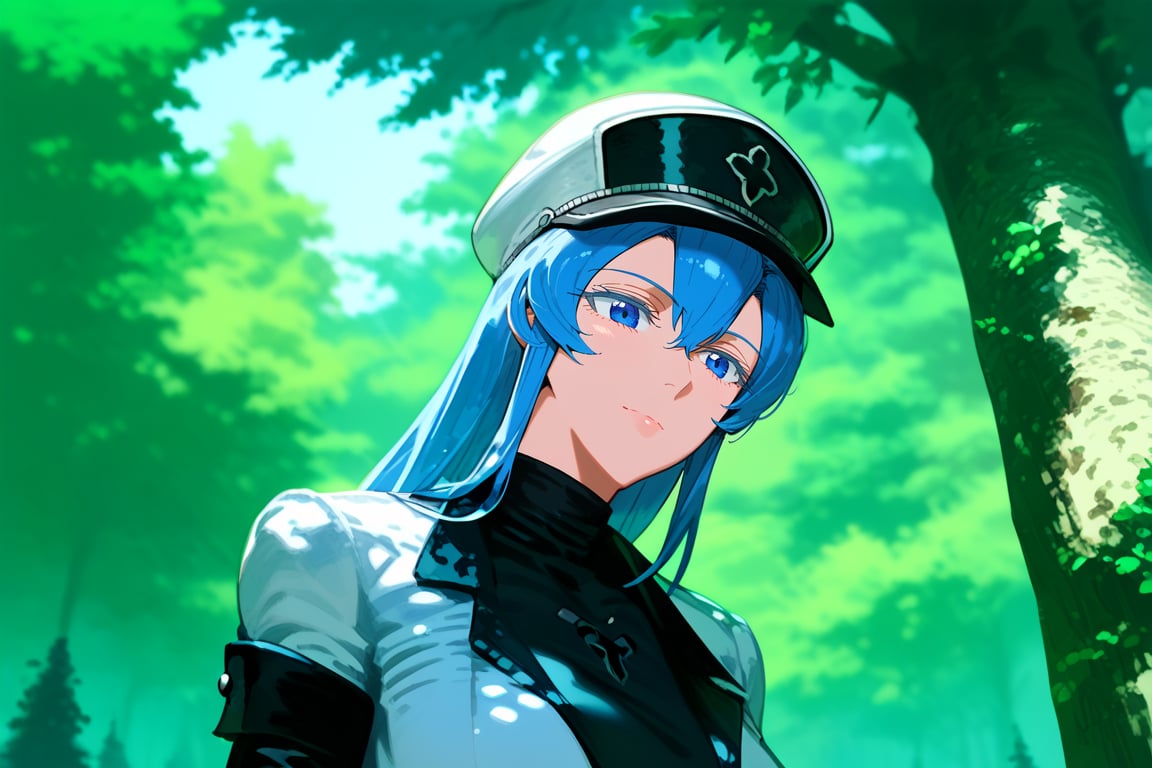 1girl, solo, ESDEATH, upper body, standing, outdoors, nature, trees, depth of field, best quality, amazing quality, very aesthetic, best details, highres, score_9, score_8, score_7