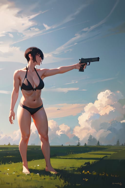 masterpiece, best quality, highly detailed, highres, 1girl, short hair, standing, gun, BREAK outdoor, grass, tress, nature