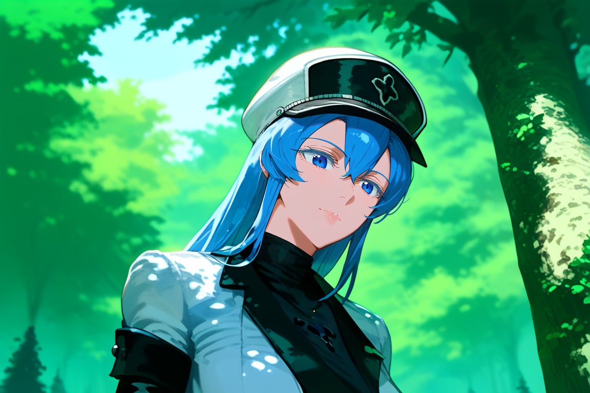 1girl, solo, ESDEATH, upper body, standing, outdoors, nature, trees, depth of field, best quality, amazing quality, very aesthetic, best details, highres, score_9, score_8, score_7