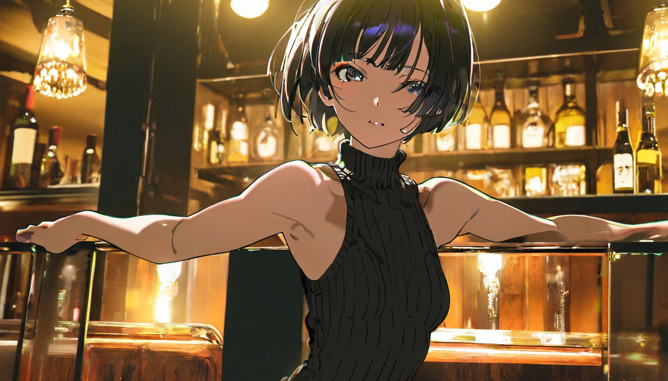 amazing quality, extremely detailed, beautiful color, aesthetic, (by yoneyama mai:0.6), high contrast, chromatic aberration, 1girl, solo, upper body, (very short:0.85) black hair, bangs, black sweater, standing, small breasts, sleeveless, pants, aesthetic, relaxing theme, luxurious and dazzling, tavern, perspective