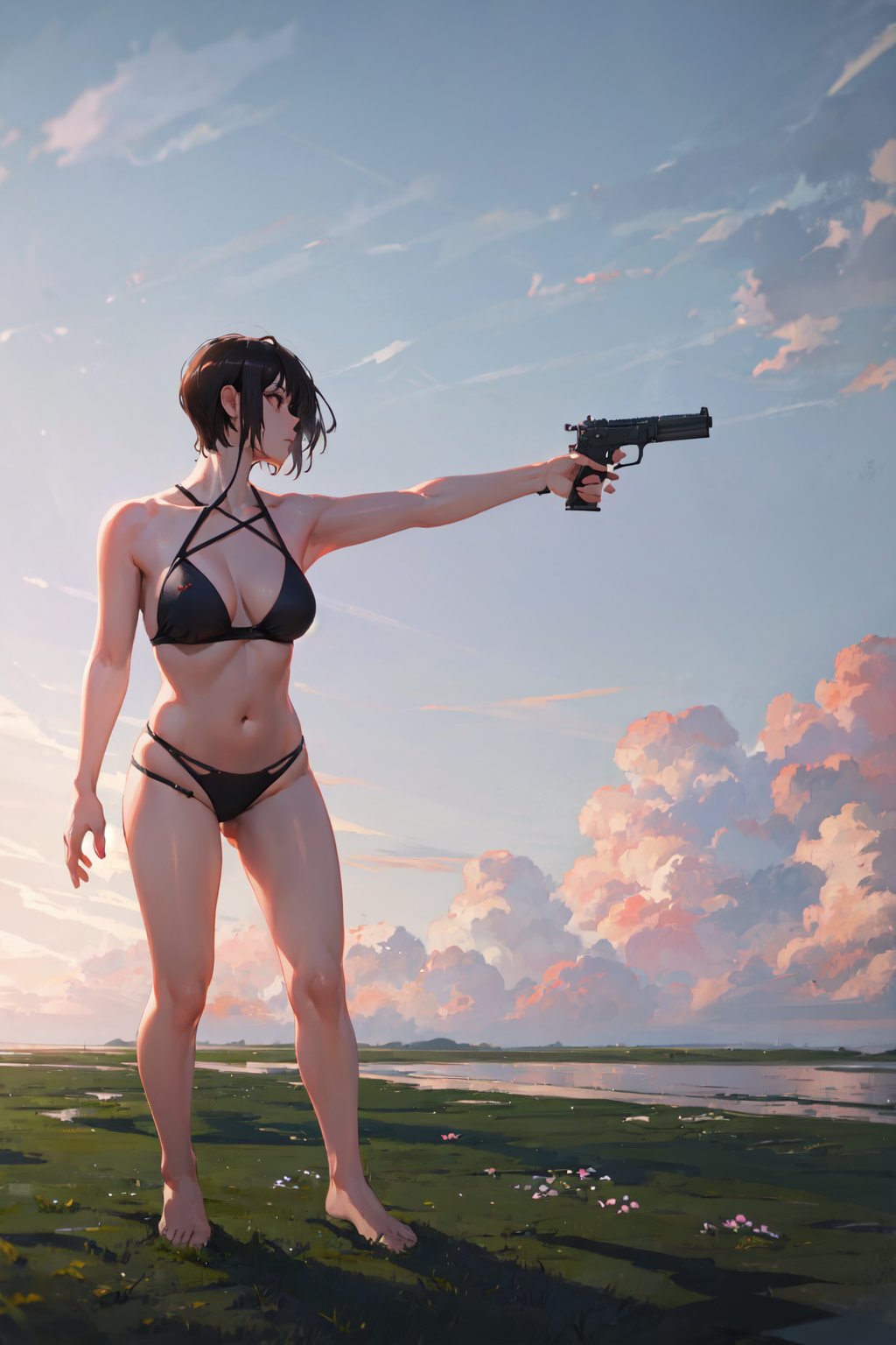 masterpiece, best quality, highly detailed, highres, 1girl, short hair, standing, gun, BREAK outdoor, grass, nature