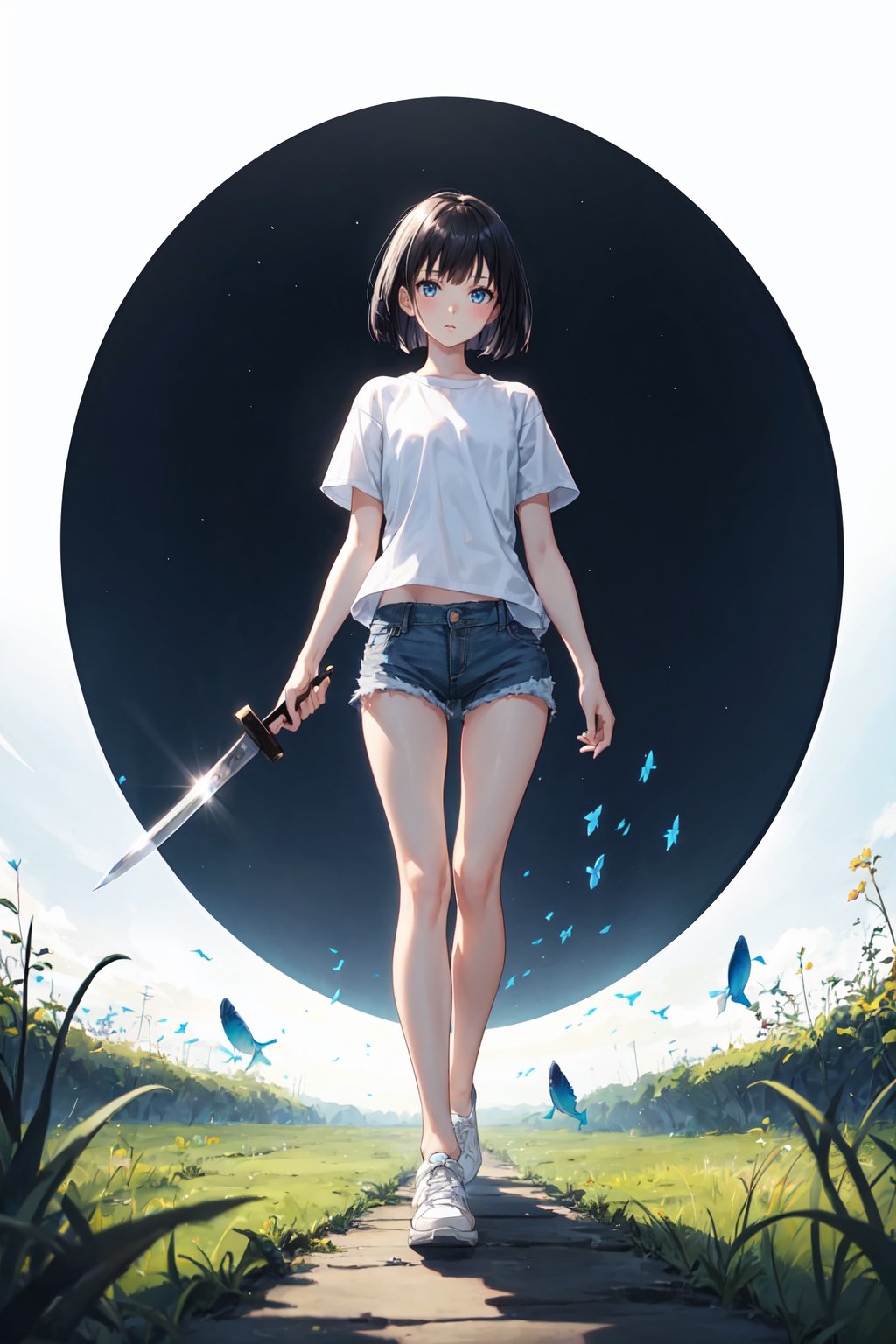 1girl, slim, black hair, bob cut, bangs, blue eyes, white shirt, short sleeve, holding one knife, blue denim short, white shoes, standing, grassfield, dark, night sky, fisheye