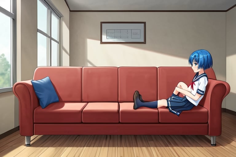 (masterpiece, best quality), highly detailed, highres, 1girl, blue hair, school uniform, sitting, couch, interior,RinzeMorino,aarinze