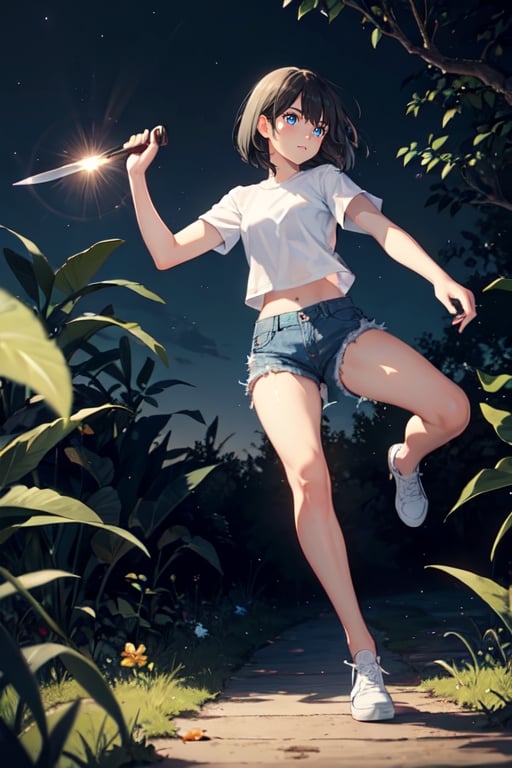 1girl, slim, black hair, bob cut, bangs, blue eyes, white shirt, short sleeve, holding one knife, blue denim short, white shoes, standing, grassfield, dark, night sky