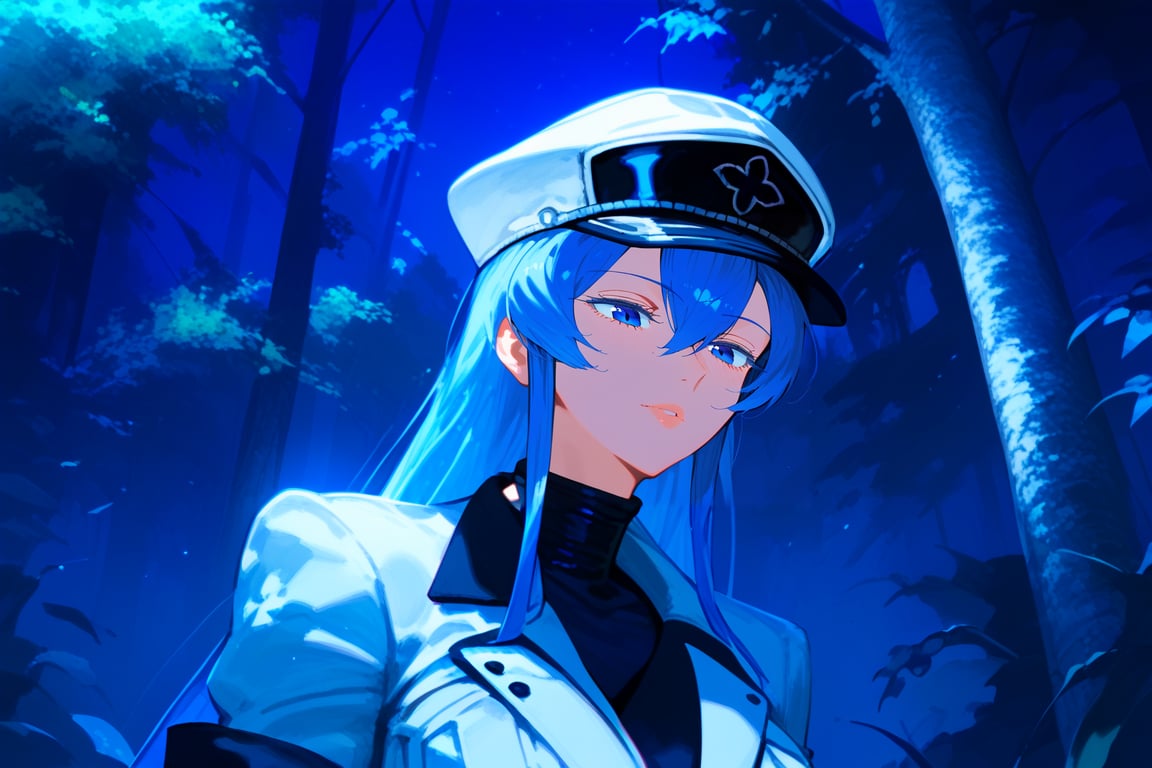 1girl, solo, Esdeath, upper body, standing, outdoors, nature, night, depth of field, best quality, amazing quality, very aesthetic, best details, highres, score_9, score_8, score_7