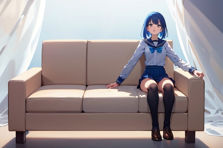 (masterpiece, best quality), highly detailed, highres, 1girl, blue hair, school uniform, sitting, couch, interior