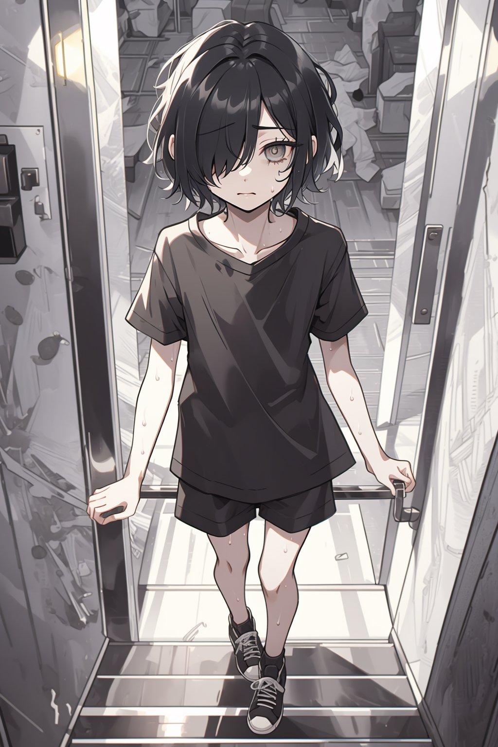 masterpiece, high quality, highres, 2D, 1girl, black hair, short hair, hair over one eye, blac eyes, black shirt, short sleeve, black sweat short, bare legs, inside elevator, light from above, HORROR