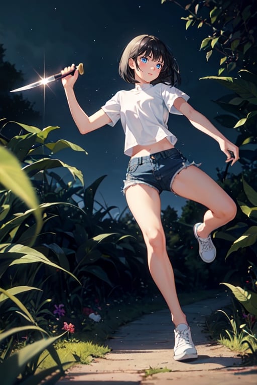 1girl, slim, black hair, bob cut, bangs, blue eyes, white shirt, short sleeve, holding one knife, blue denim short, white shoes, standing, grassfield, dark, night sky