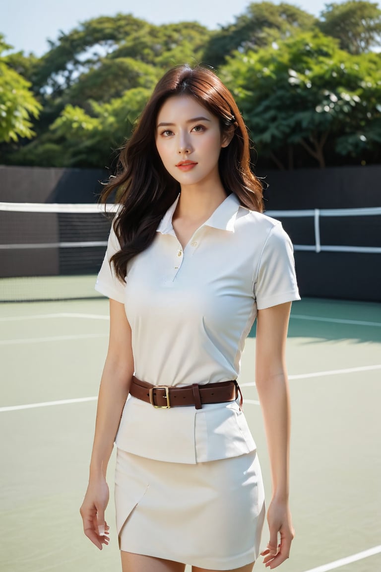 A half-Korean European woman exudes confidence while posing on a minimalist outdoor court,  bathed in soft white light tha...