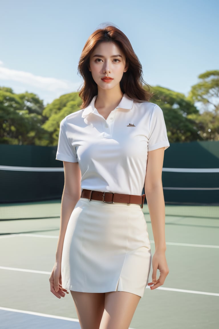 A half-Korean European woman exudes confidence while posing on a minimalist outdoor court,  bathed in soft white light tha...